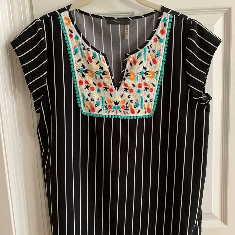 Black Striped Embroidered Women's Top